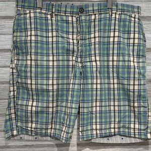 Tommy Bahama Shorts Reversible Blue Madras Plaid Palm Tree 10" Hawaiian Size 40